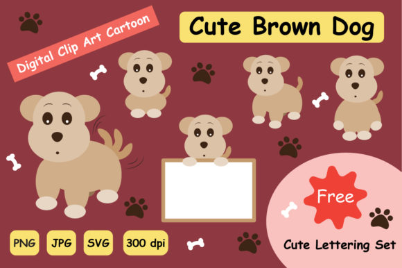 Cute Brown Dog Clipart Graphic Set