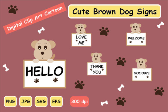 Cute Brown Dog Signs Clipart Set