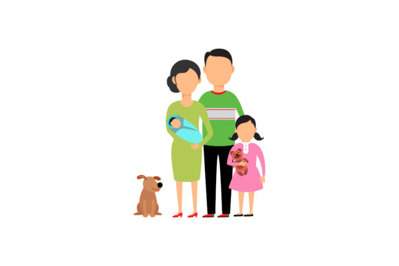 Family Set Parents Kids Dog
