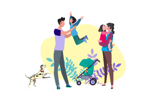 Parent, 2 Daughter, Baby Dog Family Set